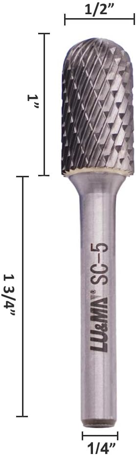 Tungsten Carbide Burr Cylinder Shape SC-5 with Radius End Double Cut Rotary Burr File (1/2" Cutter Dia X 1"Cutter Length) with 1/4'' shank, by LU&MN