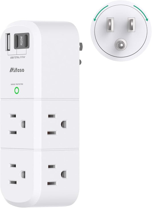 PD20W USB Outlet Extender Surge Protector - with Rotating Plug, 6 AC Multi Plug and 3 USB Ports (2 C), 3-Sided Swivel Power Strip Spaced Splitter for Home, Office, Travel