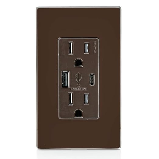Leviton T5633-B Type A & Type-C USB in-Wall Charger with 15A Tamper-Resistant Outlet, USB Charger for Smartphones and Tablets. Not for Laptops, Brown