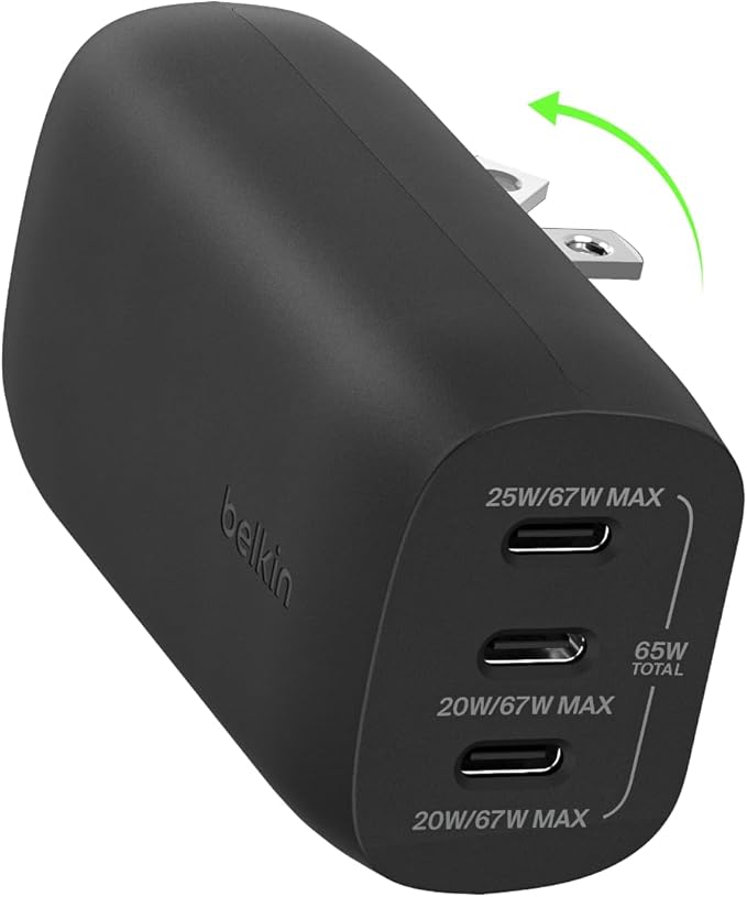 Belkin 3-Port USB C Charger Block w/PPS 67W, USB-C PD 3.1 Super Fast Charging - Samsung Galaxy S25, Apple iPhone 16, MacBook Pro, AirPods, Nintendo Switch 2, & Other PD Enabled Devices - Black