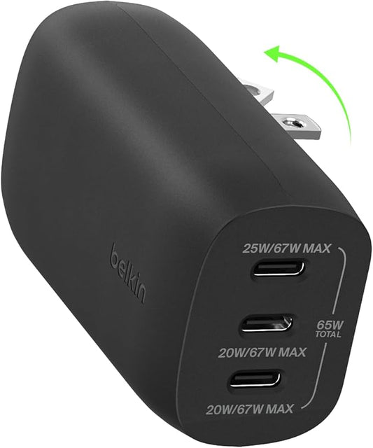 Belkin 3-Port USB C Charger Block w/PPS 67W, USB-C PD 3.1 Super Fast Charging - Samsung Galaxy S25, Apple iPhone 16, MacBook Pro, AirPods, Nintendo Switch 2, & Other PD Enabled Devices - Black