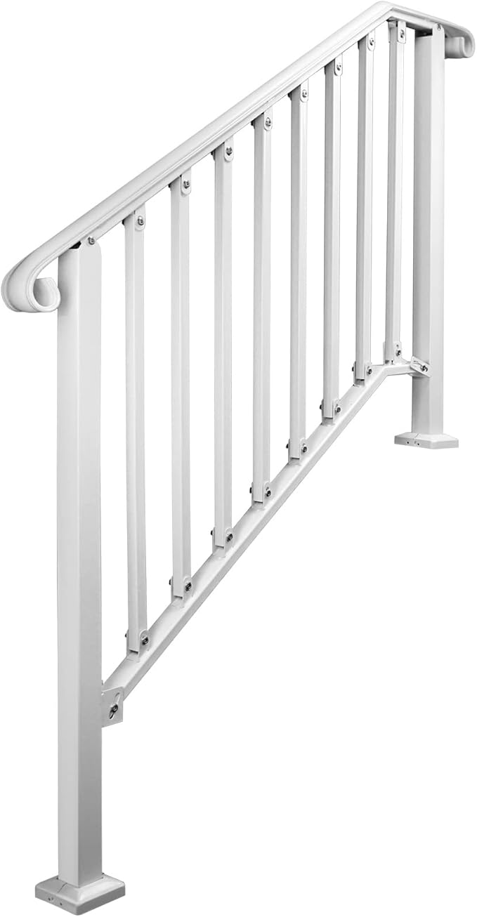 Adjustable Handrails for Outdoor Steps, Handrail Picket #3 Fits 3 or 4 Steps, Mattle Wrought Iron Handrail, Stair Rail with Installation Kit for Outdoor Steps,White