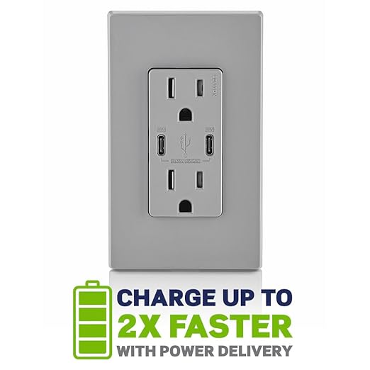 Leviton T5635-G 30W (6A) USB Dual Type-C/C Power Delivery In-Wall Charger with 15A Tamper-Resistant Outlet, USB Charger for Smartphones, Tablets, Laptops, Gray