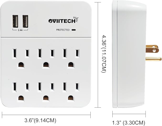 6 Outlet Extender Surge Protector Wall Mount Adapter with Dual 2.4A USB Charging Ports,Oviitech Multi Plug Outlets,6 AC Socket Outlet Splitter,900 Joules Surge Suppression,White, ETL Certified（2 Pack）