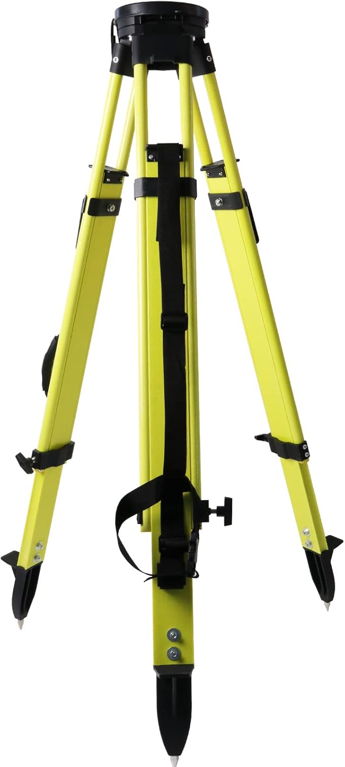 Fiberglass Surveying Tripod, Heavy Duty Green Fiberglass and Wood Tripod with Dual Clamp and Copper Center Screw for Robotic Total Stations and Theodolite (Round Head-A)