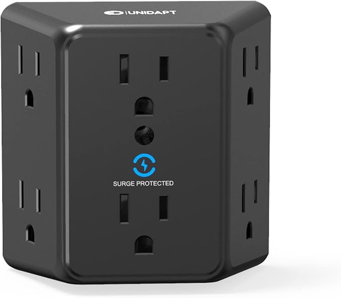 Multi Plug 6 Outlet Extender, Unidapt Black Surge Protector Wall Splitter, 1800J Power Strip 3 Side Wide Spaced Adapter Multiple Charger Expander, Mountable Wall Tap for Office Home Travel ETL Listed