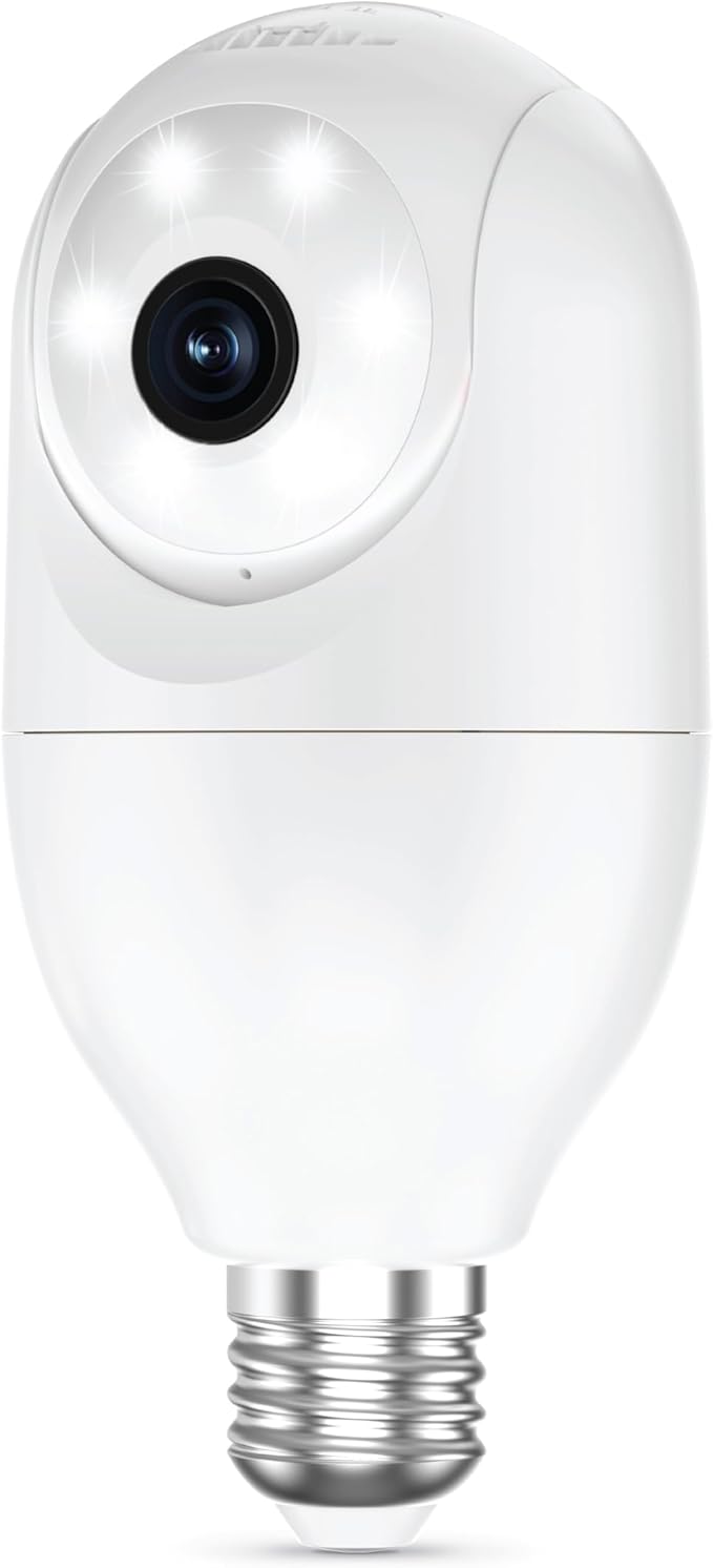 Feit Electric Smart Security Camera Bulb, 2K QHD Resolution, 2-Way Audio, Human Tracking, 350° Pan, Night Vision, Motion Alerts, E26 Base, Alexa/Google Assistant Compatible, CAM/PAN/WIFI/E26/2K