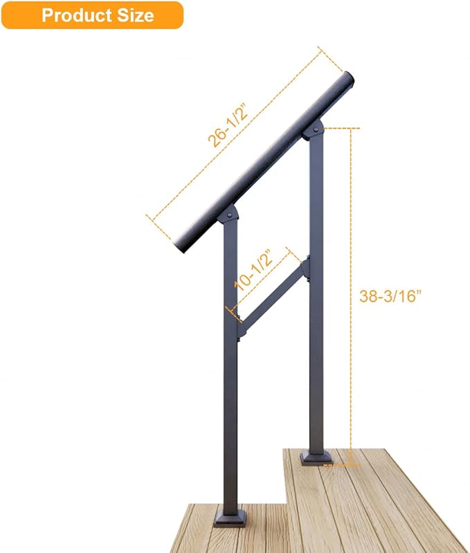 DIYHD 2 Step Handrail for Outdoor,Powder Coated Iron Stair Railing,Black Hand Rails for Indoor, Porch,Deck,1 Pack