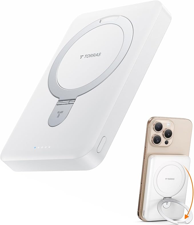TORRAS 10000mAh Magnetic Portable Charger Power Bank for iPhone, Fast Charging Travel Essential Wireless Battery Pack Slim with OStand Compatible with Magsafe, 16 Pro Max,Pro,15,14,13,12, White