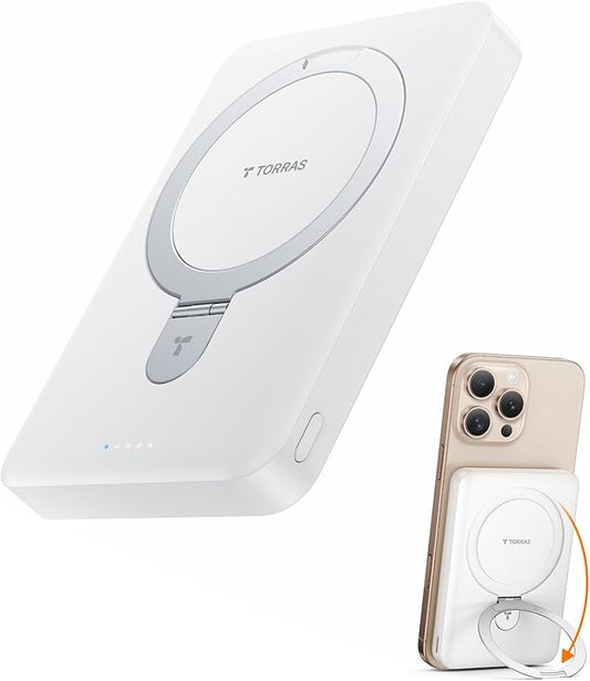 TORRAS 10000mAh Magnetic Portable Charger Power Bank for iPhone, Fast Charging Travel Essential Wireless Battery Pack Slim with OStand Compatible with Magsafe, 16 Pro Max,Pro,15,14,13,12, White