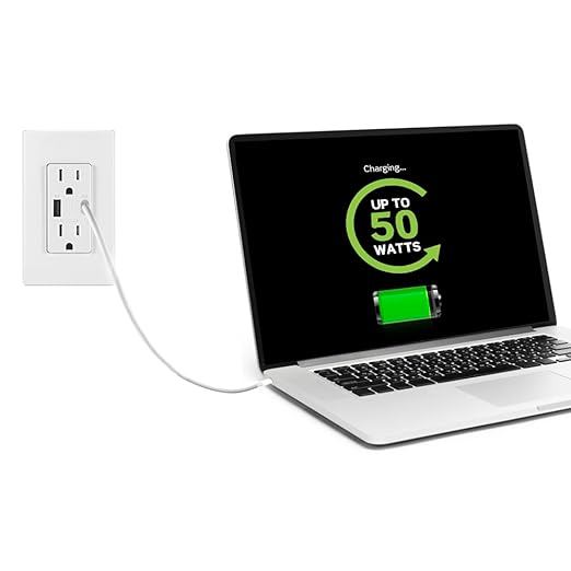 Leviton T5634-I 60W (20V@2.5A+ 5V@2A) USB Dual Type A/Type-C Power Delivery in-Wall Charger with 15A Tamper-Resistant Outlet, USB Charger for Smartphones, Tablets, Laptops, Ivory