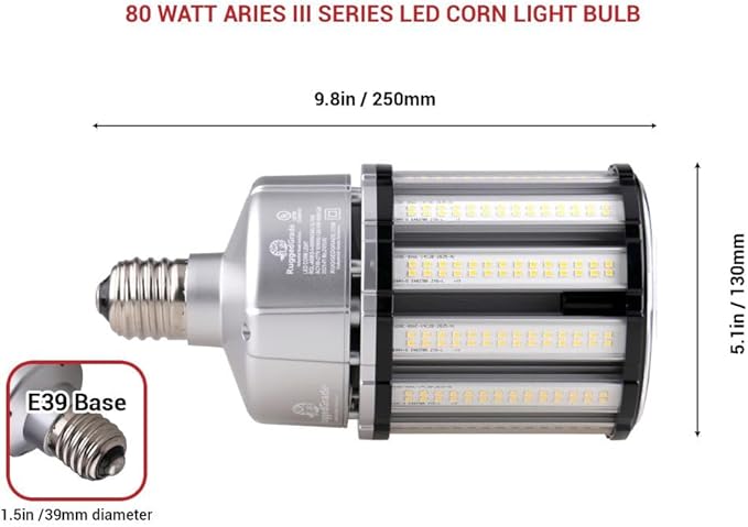 RuggedGrade Aries III Series 80W LED Corn Bulb | 11,000 Lumens | 5000K | E39 Base | Fanless Design | 6KV Surge Protection | DLC 5.1 Premium