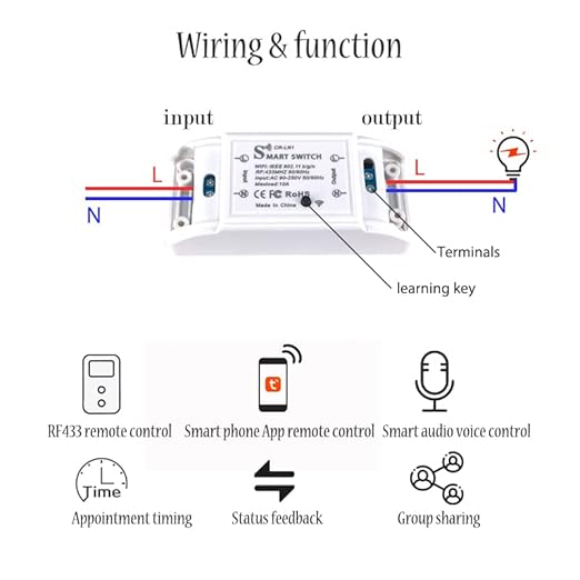 Smart WiFi Light Switch, RF Wireless Remote Control Switch Kit, APP and 433MHz, Compatible with Alexa, Google Home, Voice Control, Timer Function, No Hub Required, 1 Way, 10A
