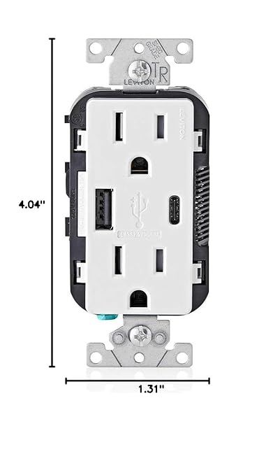 Leviton T5633-W Type A & Type-C USB In-Wall Charger with 15A Tamper-Resistant Outlet, USB Charger for Smartphones and Tablets, Not for Laptops, White