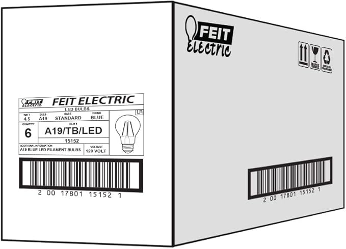 Feit Electric A19/TB/LED/6 25W Equivalent Dimmable Clear Glass Filament Colored LED Light Bulbs, Blue, 6-Pack, 2.4" D x 4" H