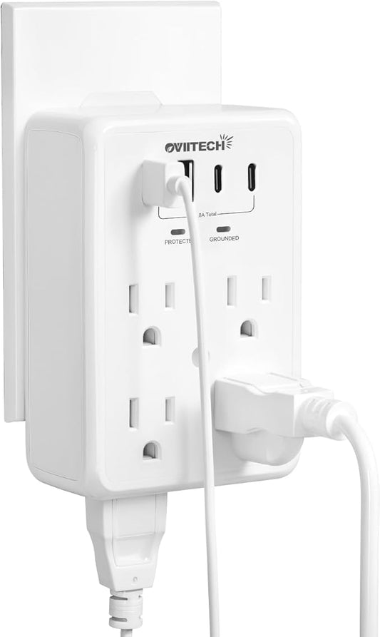 Multi Plug Outlet Extender Surge Protector Adapter, 6 Outlet with 4 USB Ports (2 USB C) 980J Power Strip Wall Charger Spaced for Travel Home Office, Dorm Room, White