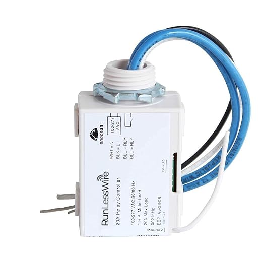 RunLessWire 20 Amp On/Off Receiver Heavy-Duty RF Relay Compatible with Self-Powered Kinetic Wireless Light Switches to Control Electrical Circuit Remotely Easy DIY Install 100-277VAC, Indoor Use