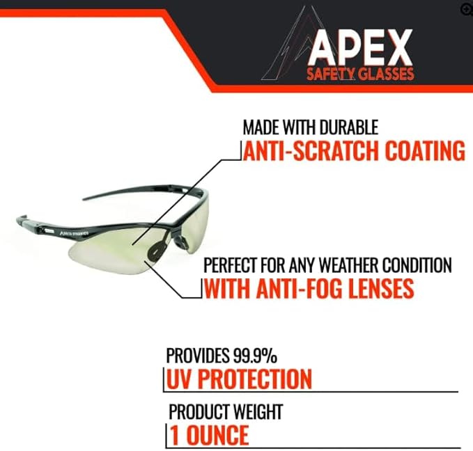 Malta Dynamics APEX Safety Glasses – Construction Safety Glasses for Men and Women with Anti Scratch and Anti Fog Protection, ISEA & ANSI Z87 Compliant (Assorted, 36 Pairs)