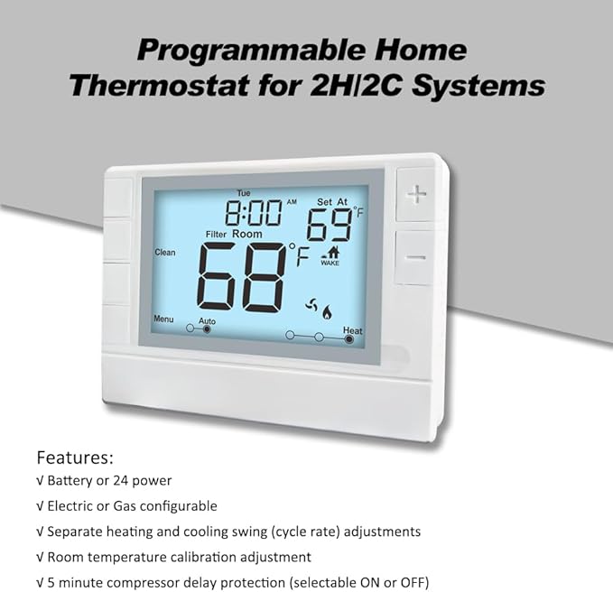 Programmable Thermostat, Thermostat for Home HVAC Systems,Multi-Stage, 2 Heat/2 Cool, White Backlight
