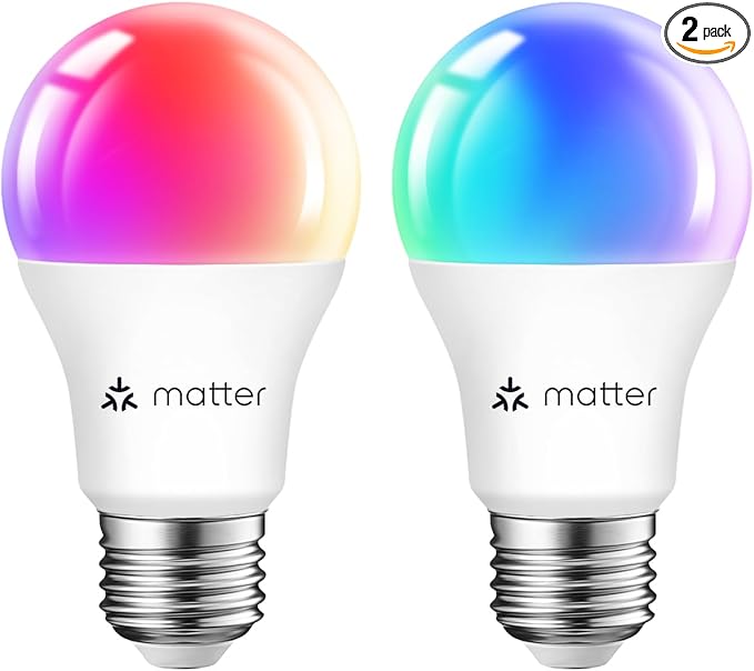 ANWIO A19 Matter Smart Light Bulbs 8.5W (60W Replacement) A19 E26 LED Bulb Compatible with SmartThings App, Alexa, Google Assistant, Color Changing, Hub Required, 806lm 8.5W(60W Equivalent) 2 Pack