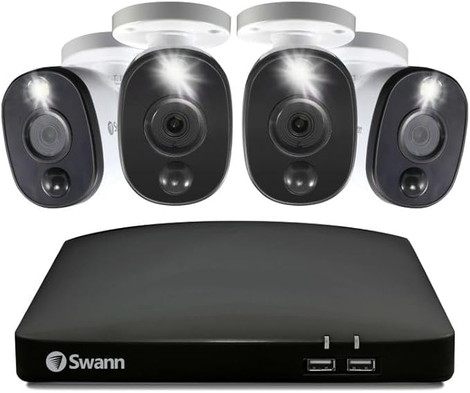 Swann Home/Business Wired DVR, 1080p Full HD Security Camera System, 8 Channels, 4 Cameras Indoor/Outdoor, 1TB HDD Storage, Color Night Vision, Sensor Spotlights, 24/7 Recording