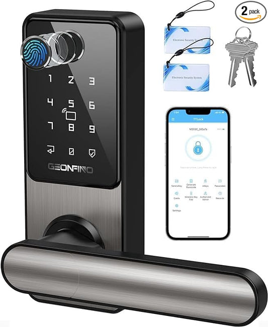 GEONFINO Smart Door Lock Keyless Entry Door Lock with Handle, Black Fingerprint Lock, Smart Deadbolt for Home, Apartment
