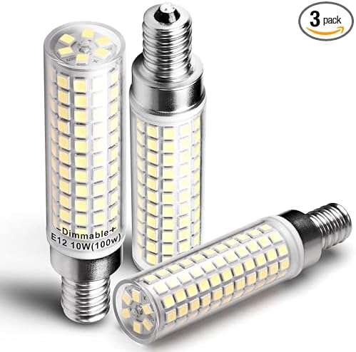 Dimmable E12 C7 LED Candelabra Light Bulb 10W Equivalent 100W 6000K Daylight White 1000 Lumen E12 T6 LED Candle Bulbs for Home Decorative Ceiling Fan Chandelier Pendant Lighting Salt Lamp,3Pack