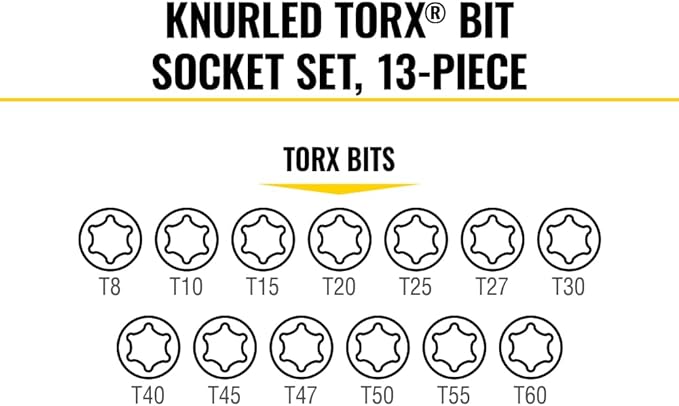 Klein Tools 65213TX Knurled TORX Bit Socket Set, T8 toT60, 1/4, 3/8 and 1/2-Inch Drives, Premium Cr-V Steel, MODBox Case, 13-Piece