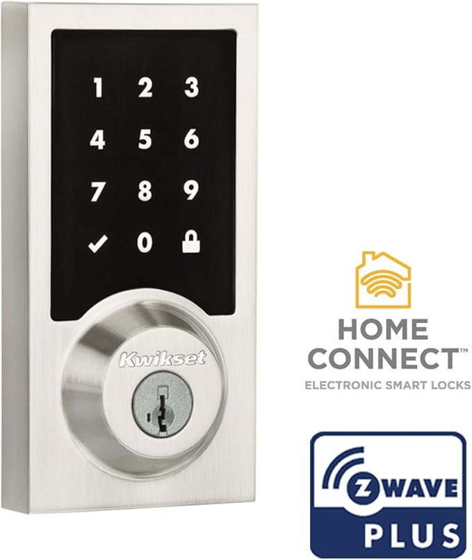 Kwikset SmartCode 916 Z-Wave Smart Lock, Keyless Entry Ring Compatible Door Lock, Touchscreen Electronic Deadbolt, SmartKey Re-Key Security, Smart Hub Required, Contemporary Satin Nickel