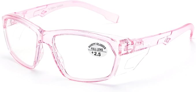 ProtectX Stylish Anti-Fog & Scratch-Resistant Safety Glasses With Readers, UV Protection Goggles, Anti-Impact Lightweight Glasses for Men＆Women Pink Reading 2.5