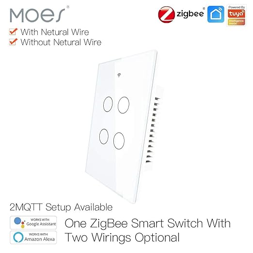MOES ZigBee Smart Touch Wall Light Switch,Requires Tuya ZigBee Hub,No Neutral Wire/N+L Wiring,No Capacitor,Smart Life Tuya 2/3 Way Remote Control, Work with Alexa Google Home, 2MQTT,4 Gang White
