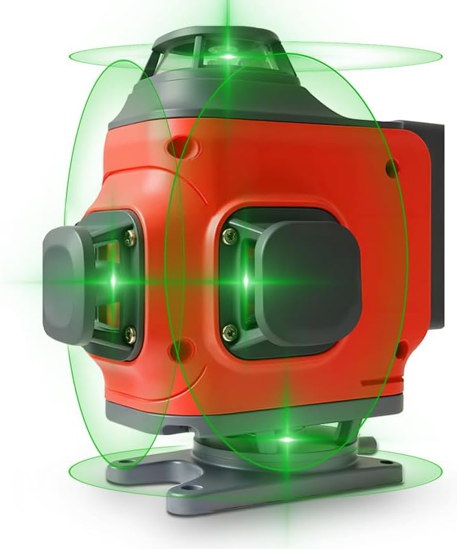 4D 16 lines laser level 4×360° self leveling Precision Cross Line level tool Two 360° Vertical and Horizontal Red beam with hand wave mode control Rotary laser level (4D 16 Green Lines)