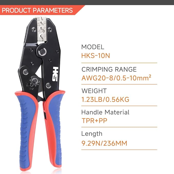 HKS Crimping Tool for Non-Insulated Terminals - Ratcheting Wire Crimpers for Butt, Fork, Ring, OT & UT - AWG 20-8 (0.5-10mm²) - Ratchet Terminal Crimper - Electrical Crimping Tool