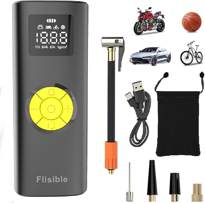 Air Compressor Portable Tire Inflator, 9000mAh Electric Air Pump, 150PSI Bike Pump Cordless Fast Inflate with Pressure Gauge & LED Light & LCD Display for Cars, Bikes, Balls, Motorcycles,Yellow