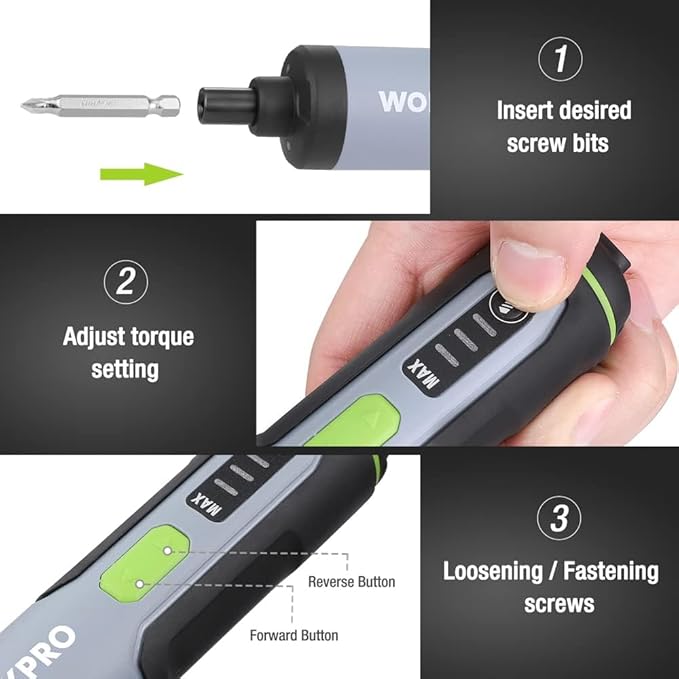 WORKPRO 4V Electric Screwdriver, Rechargeable Cordless Screwdriver Set with 35 Bits, Extension Rod, USB Charging Cable in Carrying Case, LED Light, Black Gray