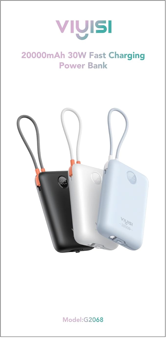 Power Bank 20000mAh 30W Fast Charging Portable Charger with Built-in Cables & LED Display, USB C Battery Pack for iPhone 16/15/14, Samsung, iPad and Android Phones, Ideal for Travel -Light Pink