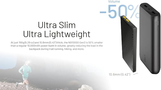 Nitecore NB10000 Gen III (Gen 3) Ultra-Slim Power Bank, 10000mAh QC Quick-Charge Dual USB-C Ports for Phones, Flashlights and Headlamps, with USB-A Adapter, Charging Cable Sticker