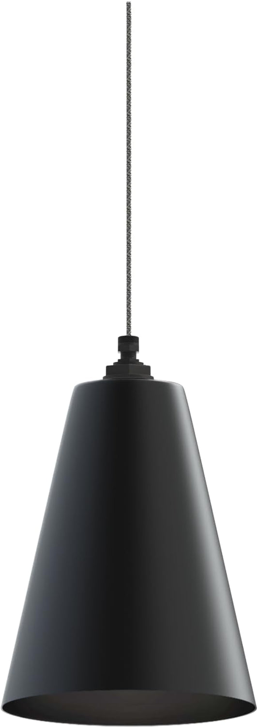 Steel Lighting Co. Laurel Pendant Light | Ceiling Mounted | 8.5 inch Cone Shade | Modern Contemporary Farmhouse Style Made in America | Gray Tweed Cloth Cord | Matte Black Exterior/Interior