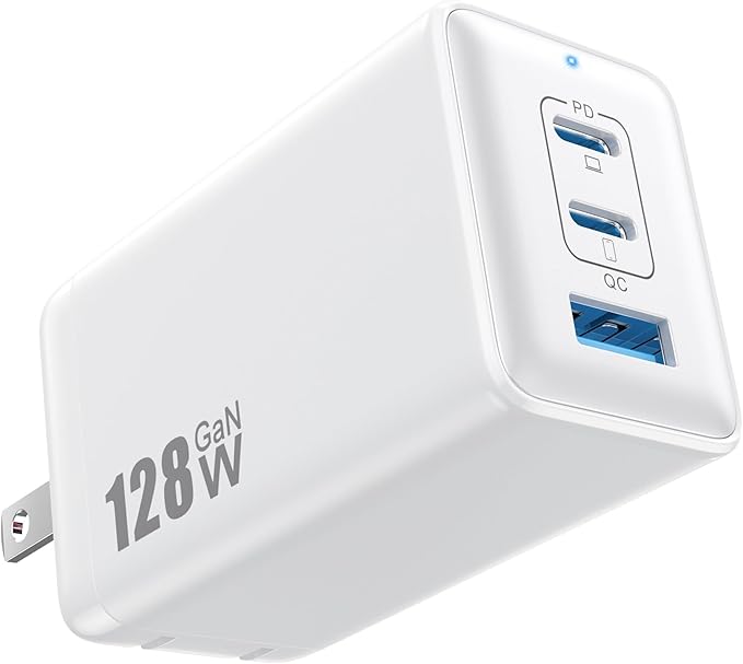 128W USB C Wall Charger,GaN III 3-Port Fast Charging Station,PD QC Foldable Charger Block Portable 65W Laptop Adapter for MacBook Pro/Air,iPad Pro,Galaxy S23,Dell XPS 13,iPhone 16/15/Pro etc Black