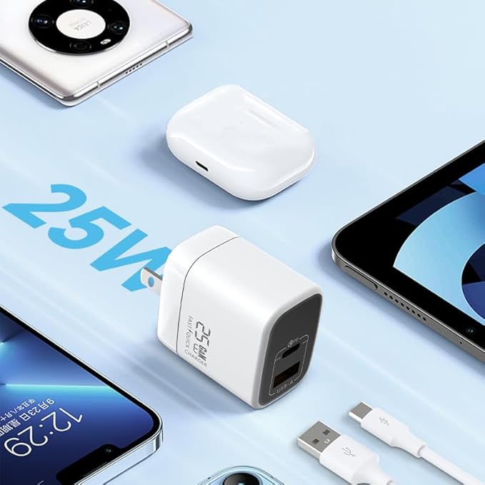 Fast 25W Dual USB-C Plus USB-A Charger - GaN Power Delivery - Fast Compact Power Adapter for Laptops, Smart Phones, Tablets and Thousands of Other Devices (White, 25W)