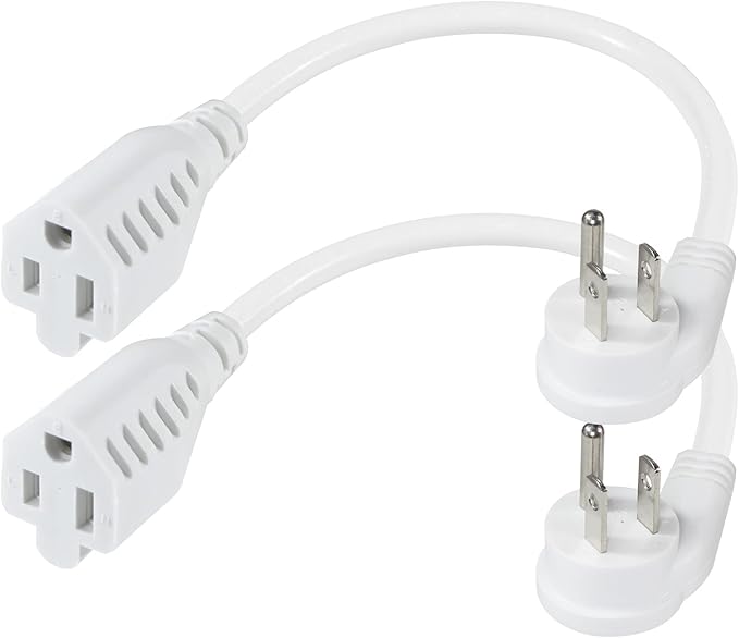 Short Flat Plug Extension Cord 1 Foot- Low Profile Right Angle Flat Plug 1FT Indoor AC Extension Cord White Short 3 Prong Grounded Extension Cord SJT 16AWG Heavy Duty Flexible Power Cord (2 Pack)