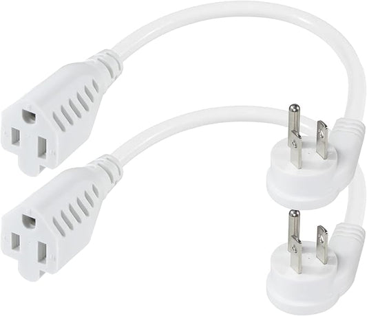 Short Flat Plug Extension Cord 1 Foot- Low Profile Right Angle Flat Plug 1FT Indoor AC Extension Cord White Short 3 Prong Grounded Extension Cord SJT 16AWG Heavy Duty Flexible Power Cord (2 Pack)