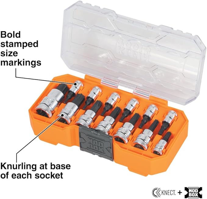 Klein Tools 65213TX Knurled TORX Bit Socket Set, T8 toT60, 1/4, 3/8 and 1/2-Inch Drives, Premium Cr-V Steel, MODBox Case, 13-Piece