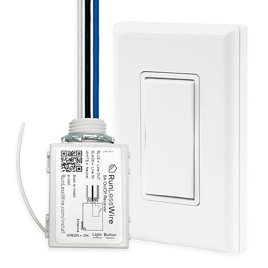 RunLessWire Single Pole Battery-Free DIY Wireless Light Switch Kit 150ft RF Range Self-Powered by Kinetic Energy for Fixtures & Outlets : 1 Remote Switch Controls 1 5A On/Off Receiver – White