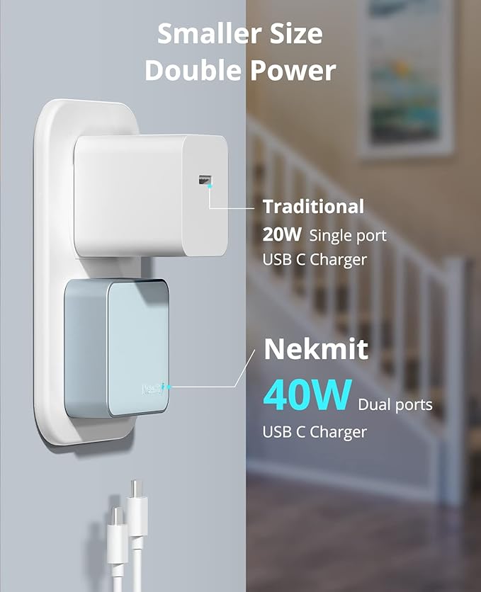 Nekmit Dual Port USB C Wall Charger, 40W PD Fast Charging USB C Wall Plug Adapter, Flat Thin Slim Charger Block for iPhone 14/14 Pro/14 Pro Max, Galaxy, MacBook Air, iPad, AirPods and More