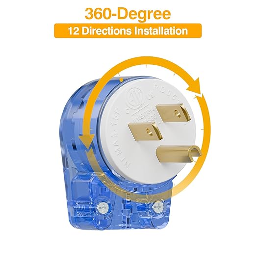 Nema 5-15P 90 Degree Right Angle Plug 15A 125V, DIY AC USA 3-Prong Household, Transparent Blue ETL Verified