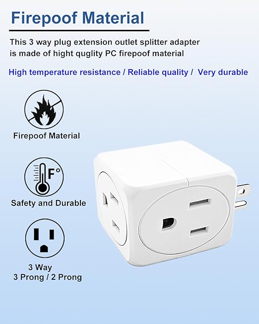 Multi Plug Outlets Extender 3 Pack Electrical Wall Splitter 3 Outlet- 3 Way Square Wall Outlet Adapter, Compact Space-Saving Design for Cruise Ship, Home Office, Dorm Room, Travel Essentials, White