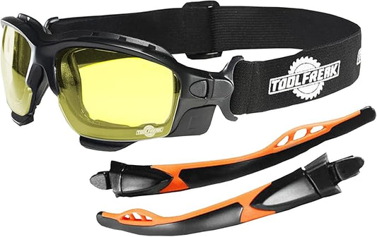 ToolFreak Spoggles Safety Glasses HD Yellow Polycarbonate Lens, Impact Protection, Foam Padded, ANSI Z87 Rated, Head Strap and Carry Pouch