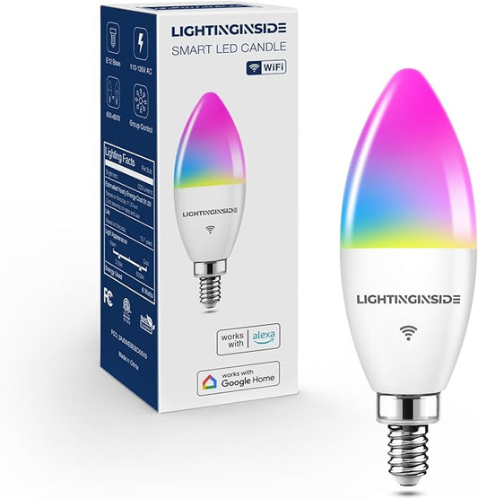 E12 Smart Light Bulbs 60W Equiv., Work with Alexa/Google Home/Smart Life, 500LM 6W RGBCW Candle Candelabra LED Light Bulbs, No Hub Required, 2.4G WiFi Bluetooth Bulb, ETL Listed, 1PC