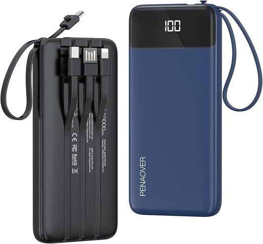 Portable Charger 10000mAh Power Bank with Built-in Cable, 5 Output 2 Input Travel Essential External Battery Pack with LED Display Compatible with iPhone 16/15 Samsung S22 Android,etc（2 Pack）